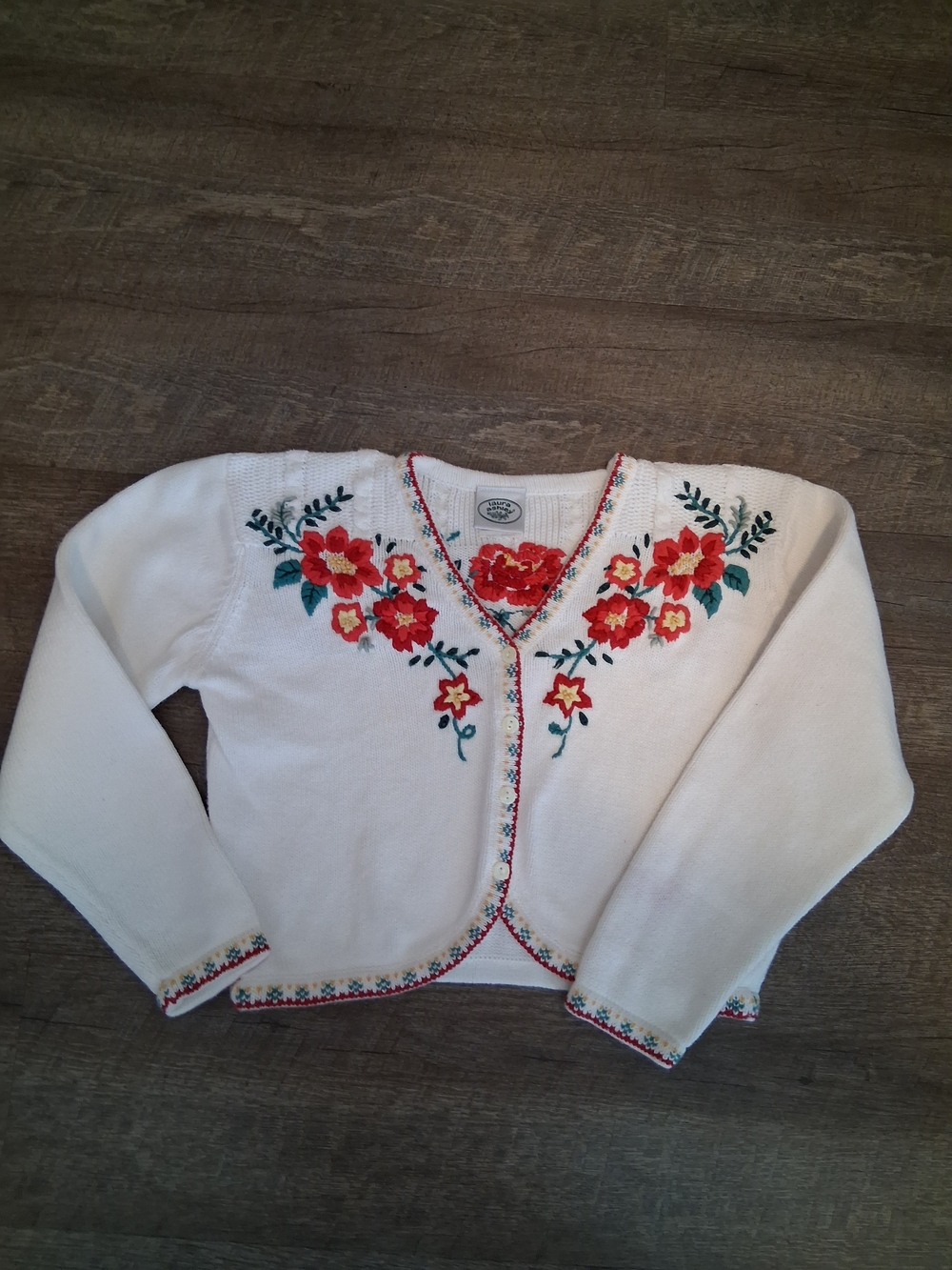 Laura Ashley Cream Cardigan with Red Floral Embroidery and Green Leaves